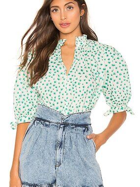 Rebecca Taylor Cream Blouse with Floral Print and Ruffle Button Neck